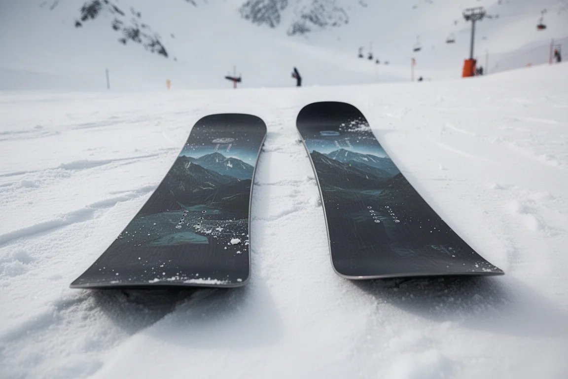 Dos tablas de snowboard de distintas longitudes colocadas lado a lado sobre nieve compactada