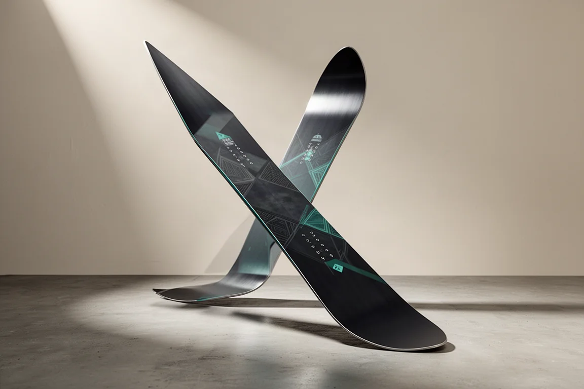 Directional snowboard with long tapered nose and sharp pointed tail on concrete