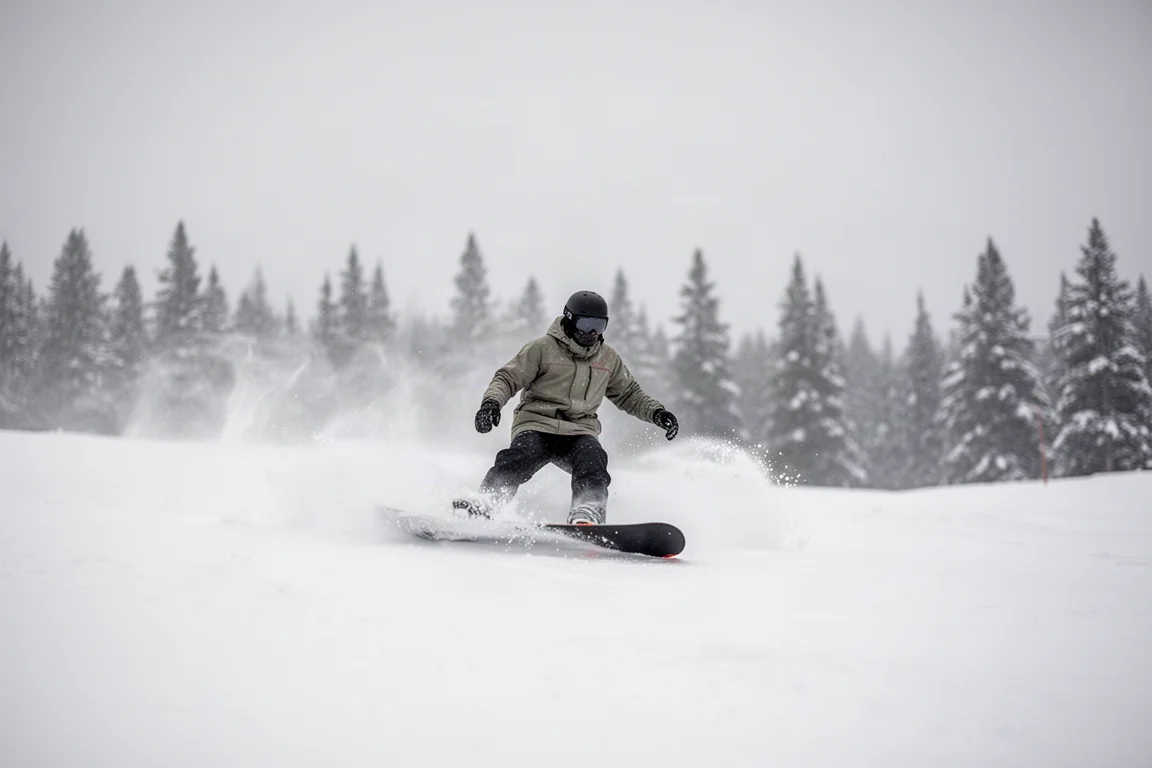 Snowboarder schwebt bei bedecktem Himmel durch frischen Pulverschnee