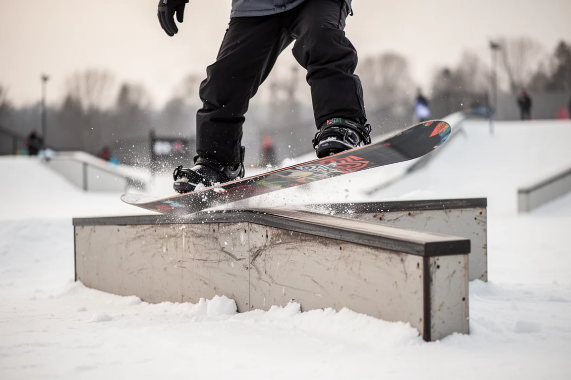 Snowboard auf einer Box im Terrainpark gedrückt