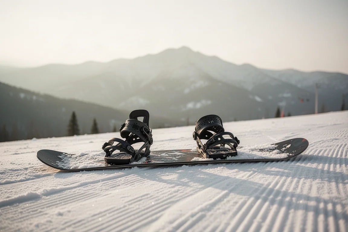 Snowboard liegt auf festem Schnee, dahinter Berggipfel