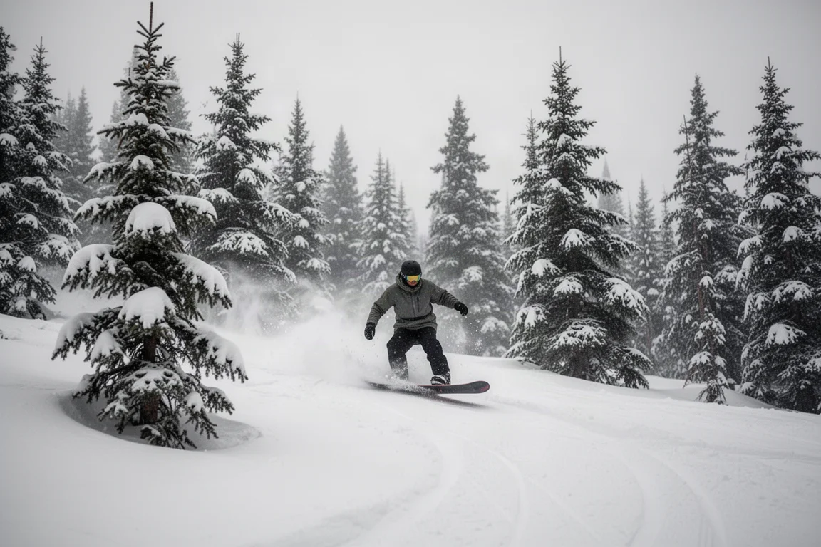 Snowboarder weaving between snow-covered evergreen trees on a soft tracked slope