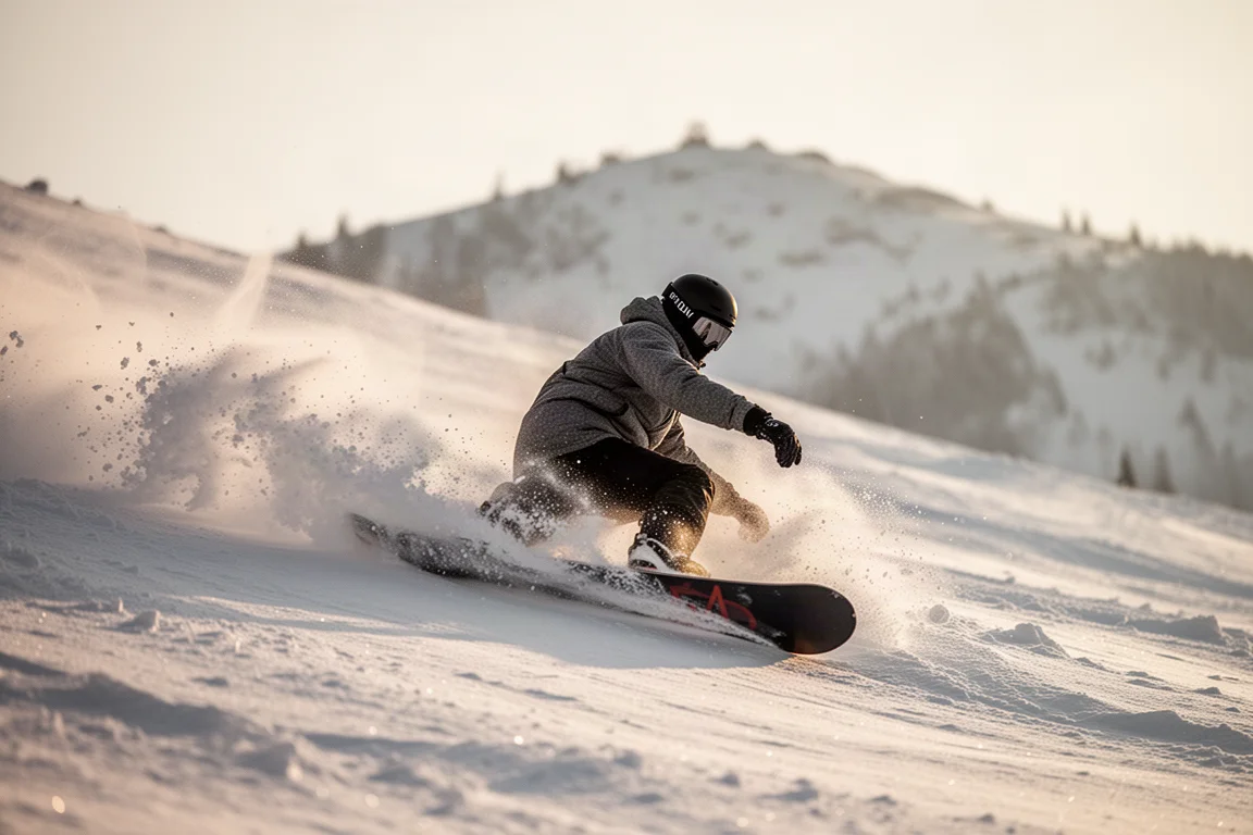Snowboarder laying into a deep slashing turn on soft spring snow in warm light