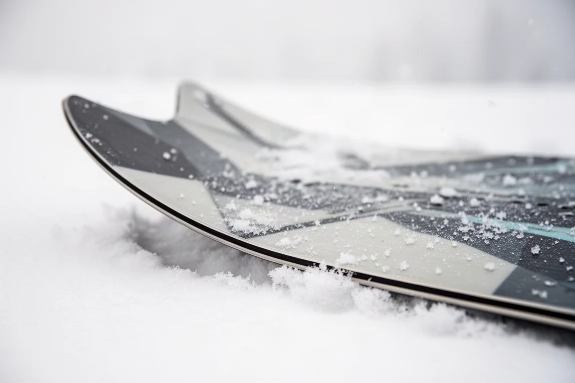 Close-up of a narrow tapered snowboard tail resting in fresh snow