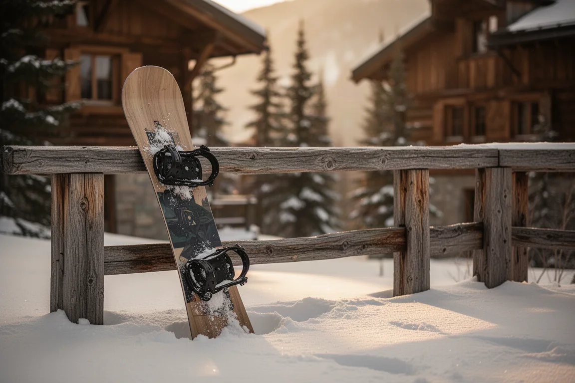 Snowboard leaning against a wooden lodge railing on packed snow at golden hour