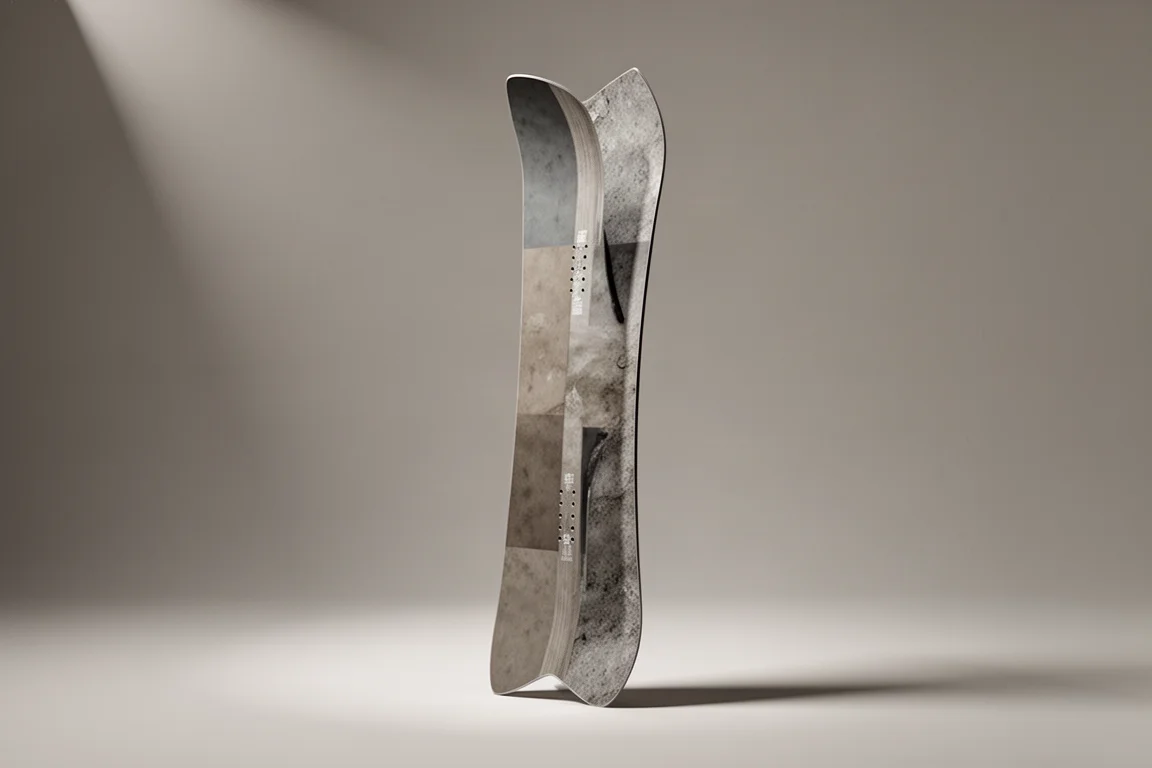 Directional snowboard with a tapered mini swallow tail standing upright on a grey backdrop