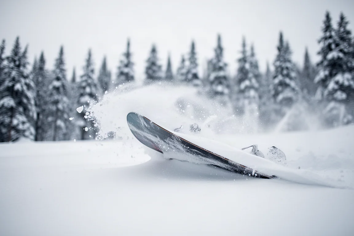 滑雪板板頭在深厚新雪中揚起,帶起一陣雪霧