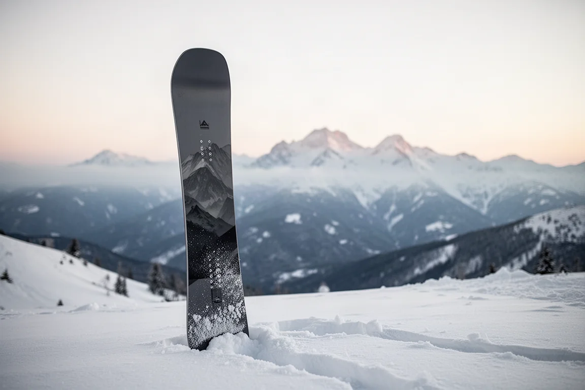 Twin-tip all-mountain snowboard standing upright in fresh powder on a snow-covered ridge at dawn
