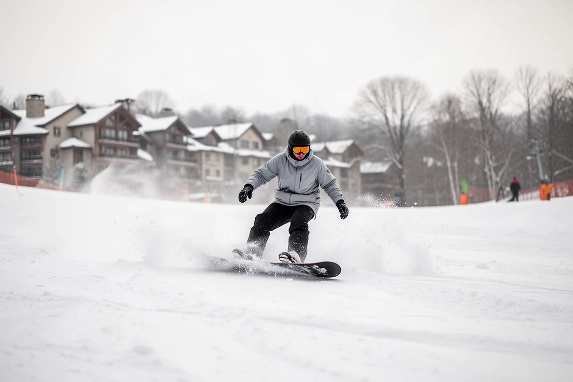 Snowboarderzy pokonujący mokrą trasę w pogodny, wiosenny dzień