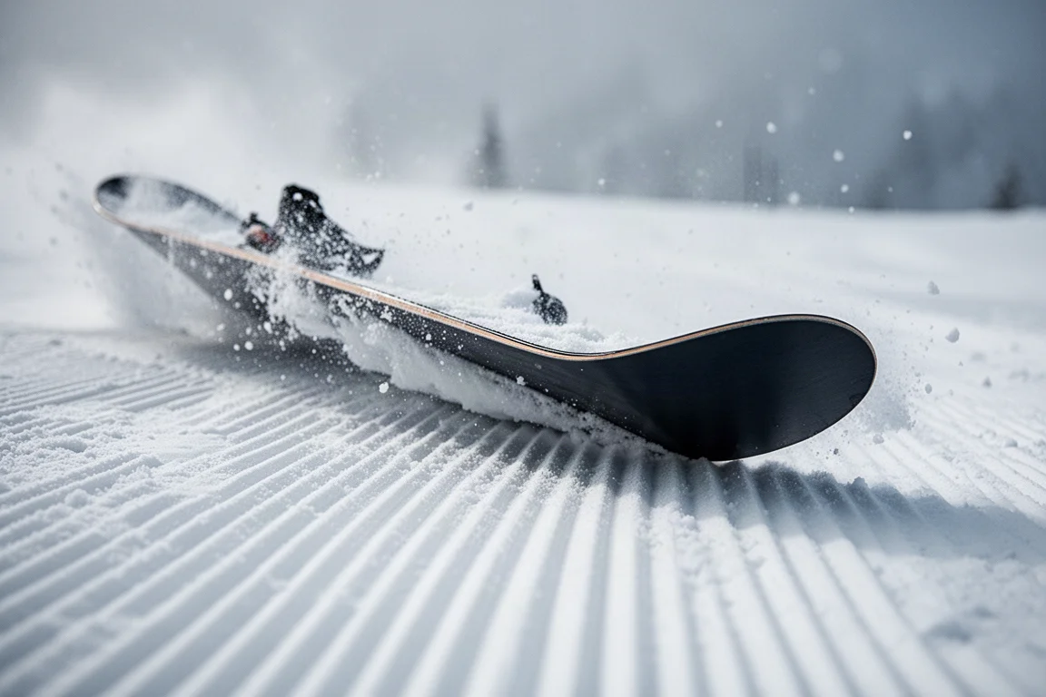 Zbliżenie na krawędź snowboardu wcinającą się w twardy, przygotowany skręt