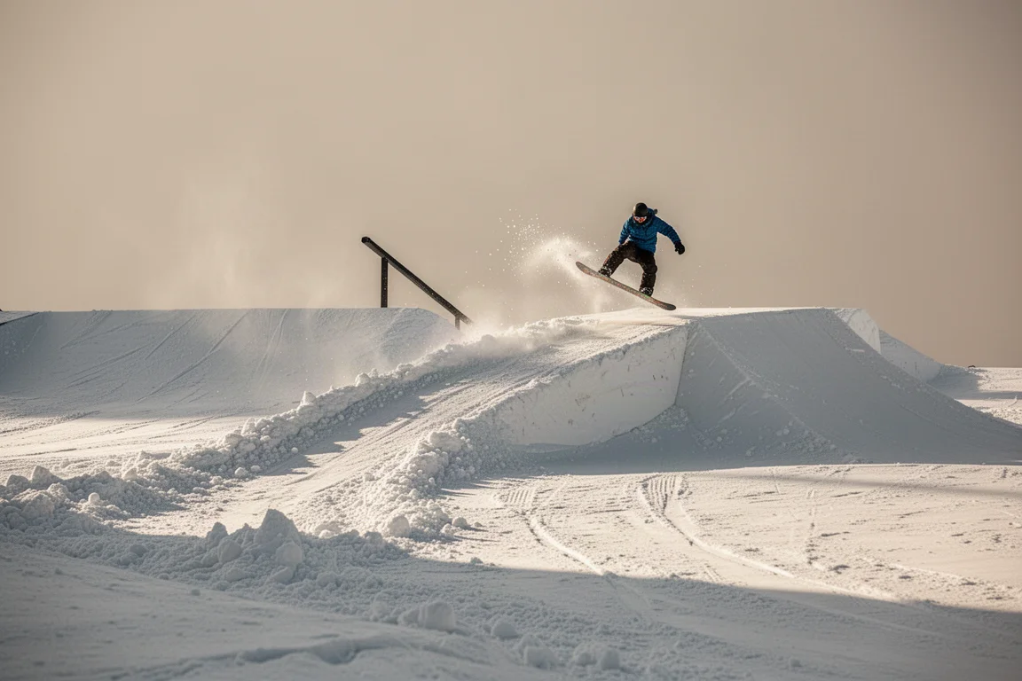Snowboarder podjeżdżający do kickera w parku w miękkim wieczornym świetle