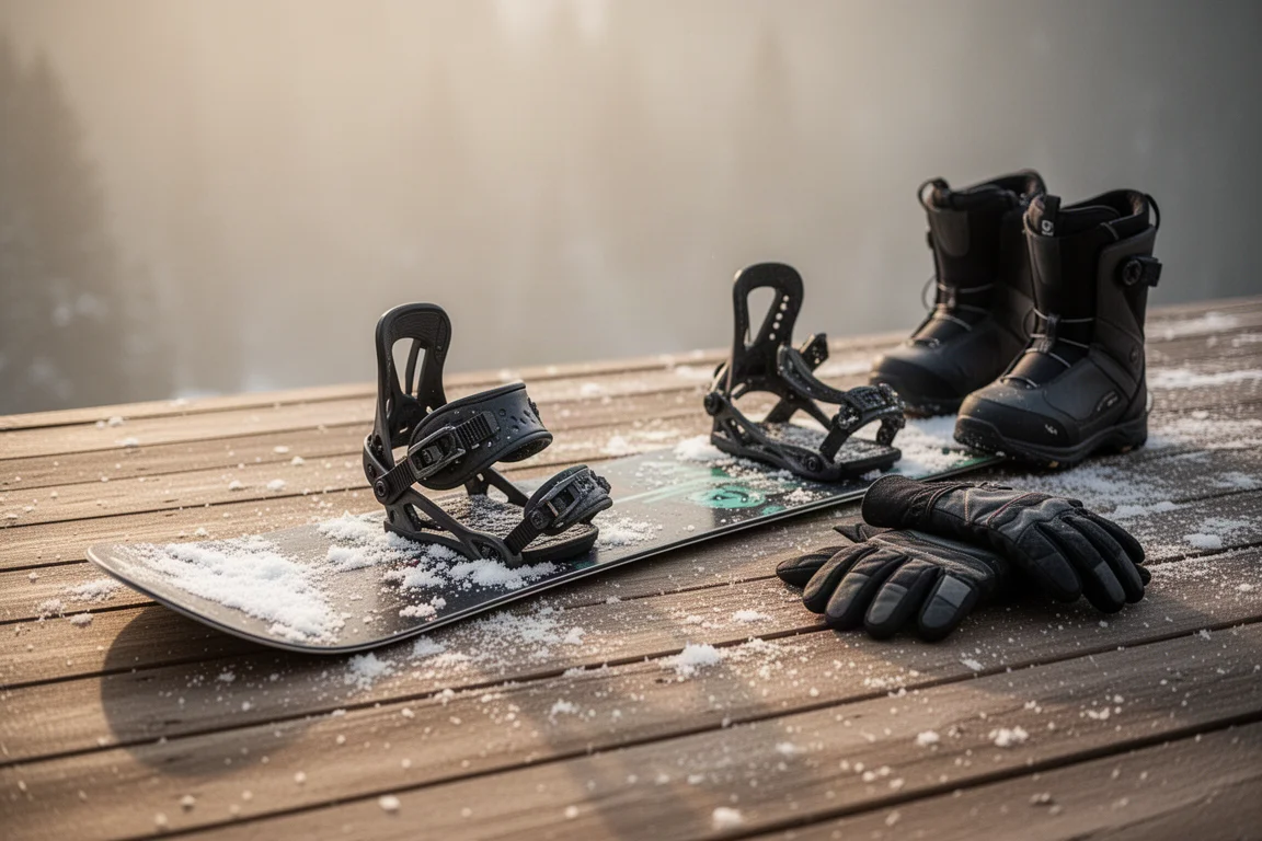Snowboard spoczywający na tarasie schroniska po całym dniu jazdy
