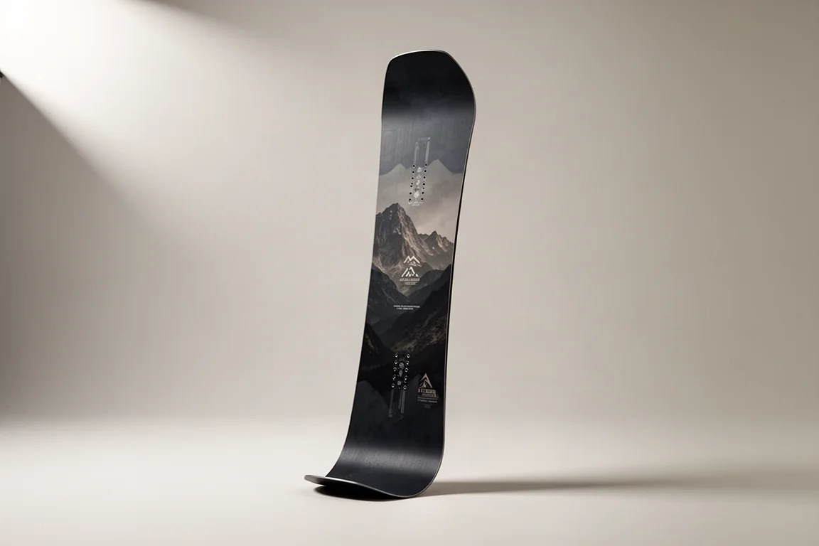 All-mountain snowboard Ride Shadowban ustawiony pionowo na szarym tle