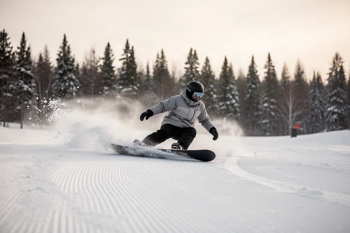 Snowboarder carving fresh corduroy groomer turns in morning light
