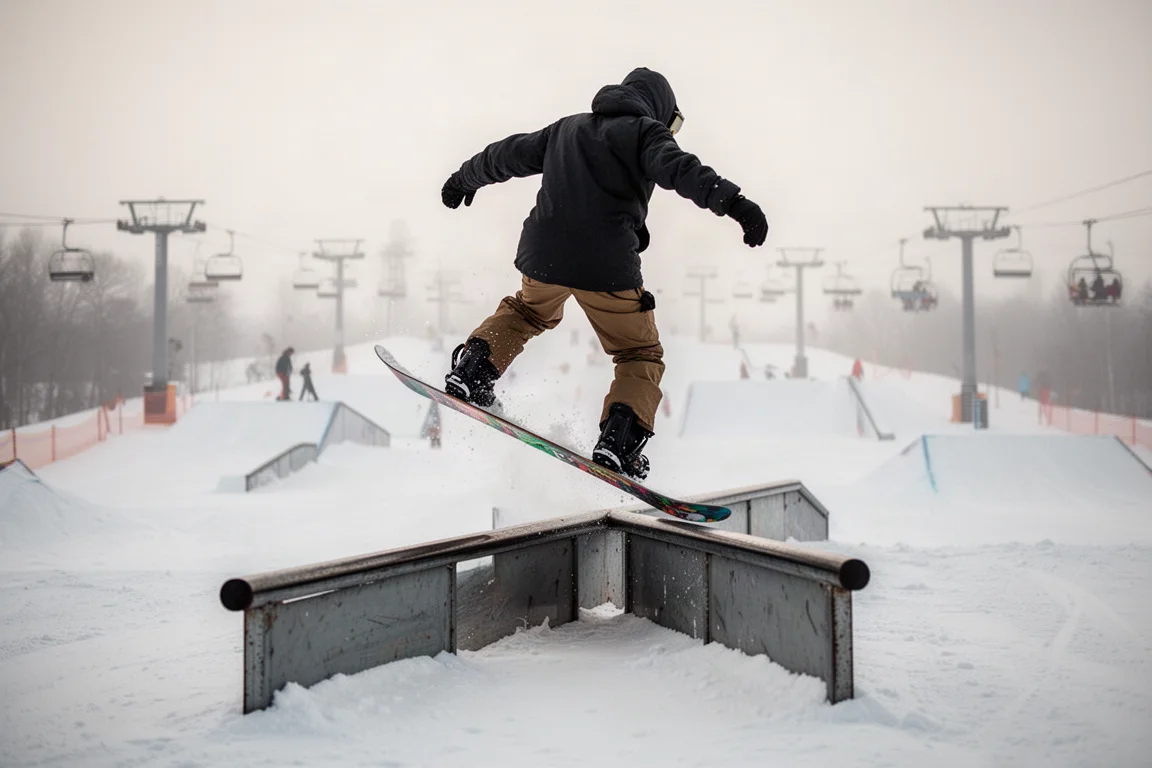 Snowboarder pressing a rail in a terrain park