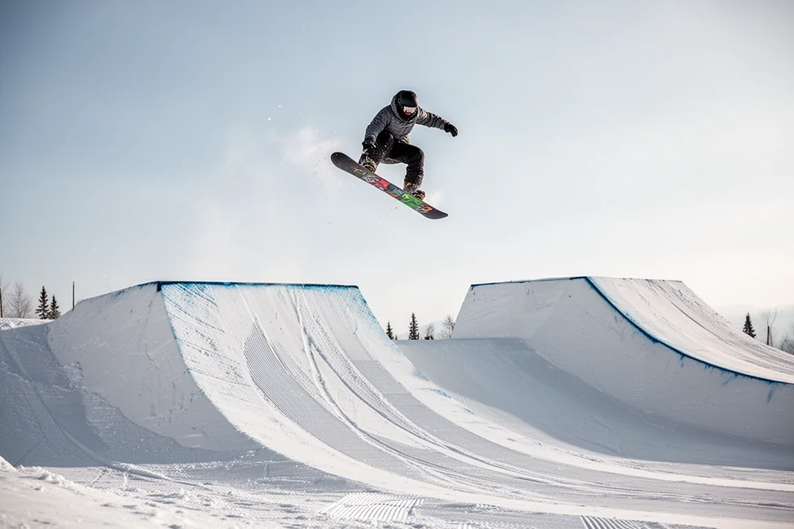 Snowboarder launching off a large park jump