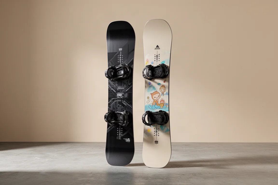 Two Ride snowboards standing upright side by side on a concrete floor