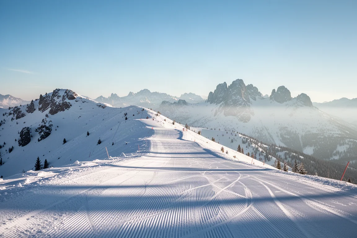 Wide view of a groomed mountain run under bluebird skies with wind-scoured snow