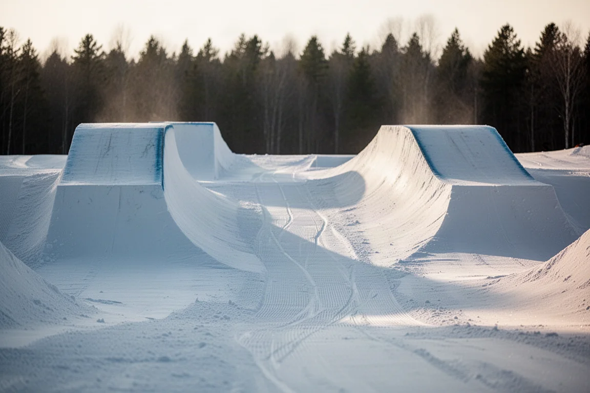 Snow park kickers and a cat track gap in soft afternoon light