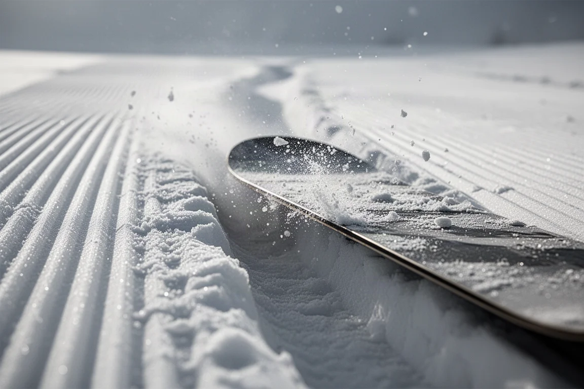 Close-up of a snowboard edge carving a deep trench in groomed snow