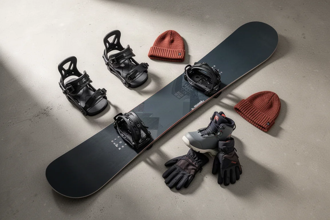 Overhead flat-lay of snowboard bindings, boots and gloves on concrete