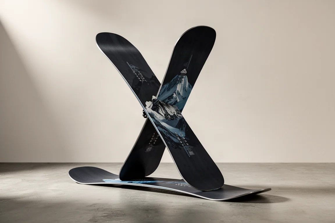 Directional twin snowboard standing upright on a matte concrete surface in soft studio light