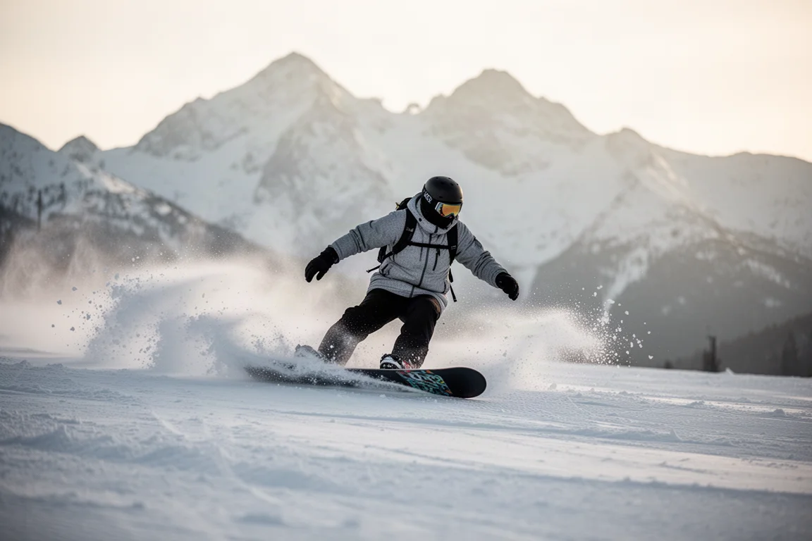 Snowboarder carving a hard turn on an icy groomer in early morning light