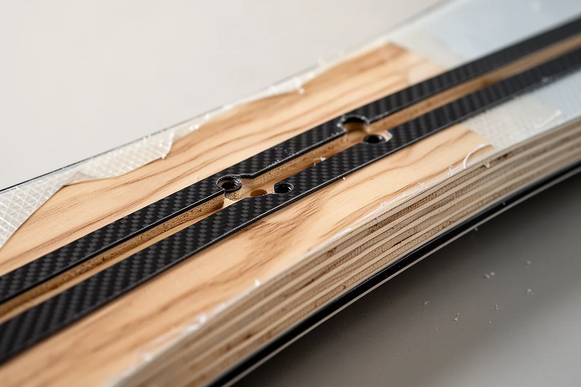 Close-up of carbon beams running through a snowboard's insert area