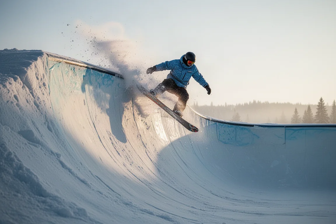 Snowboarder slashing the wall of a halfpipe in cold morning conditions