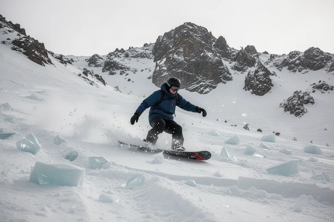 Snowboarder riding through choppy, bumpy crud on a firm slope