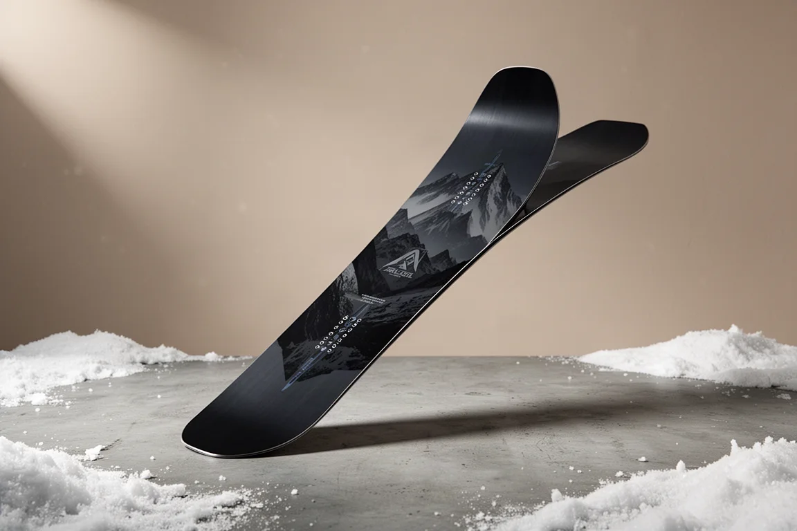 Tapered directional all-mountain snowboard standing at a three-quarter angle on concrete