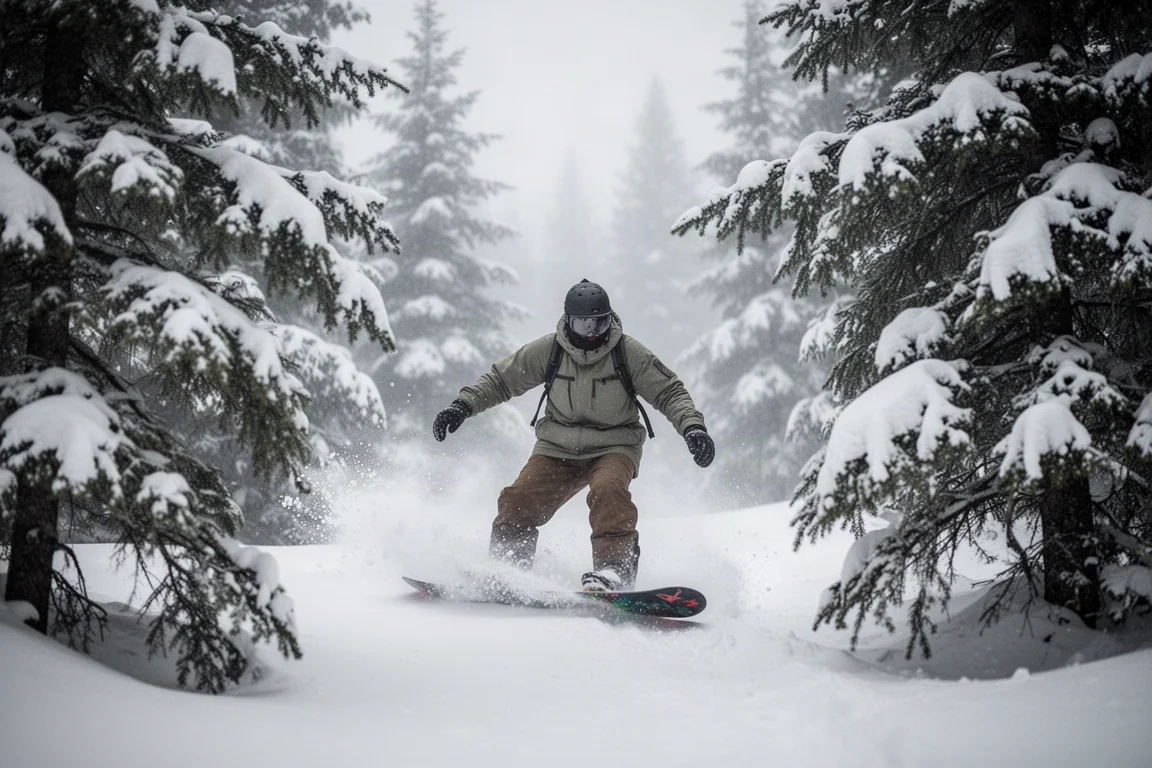Snowboarder fährt über frisch mit Neuschnee bedeckte Pisten an einem Berghang