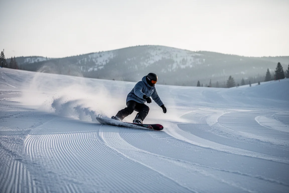 Nahaufnahme eines mit Gewicht belasteten Snowboard-Tails vor einem Absprung von einer Side Hit