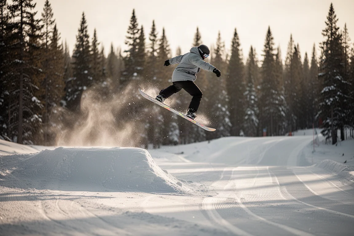 Snowboarder zieht eine große Schwungkurve auf einer glatten, frisch gespurten Piste
