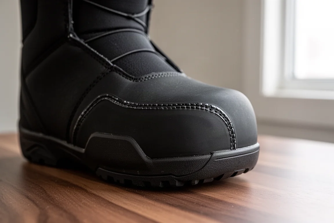 Close-up of a TPU toe cap and welded seam on a snowboard boot shell
