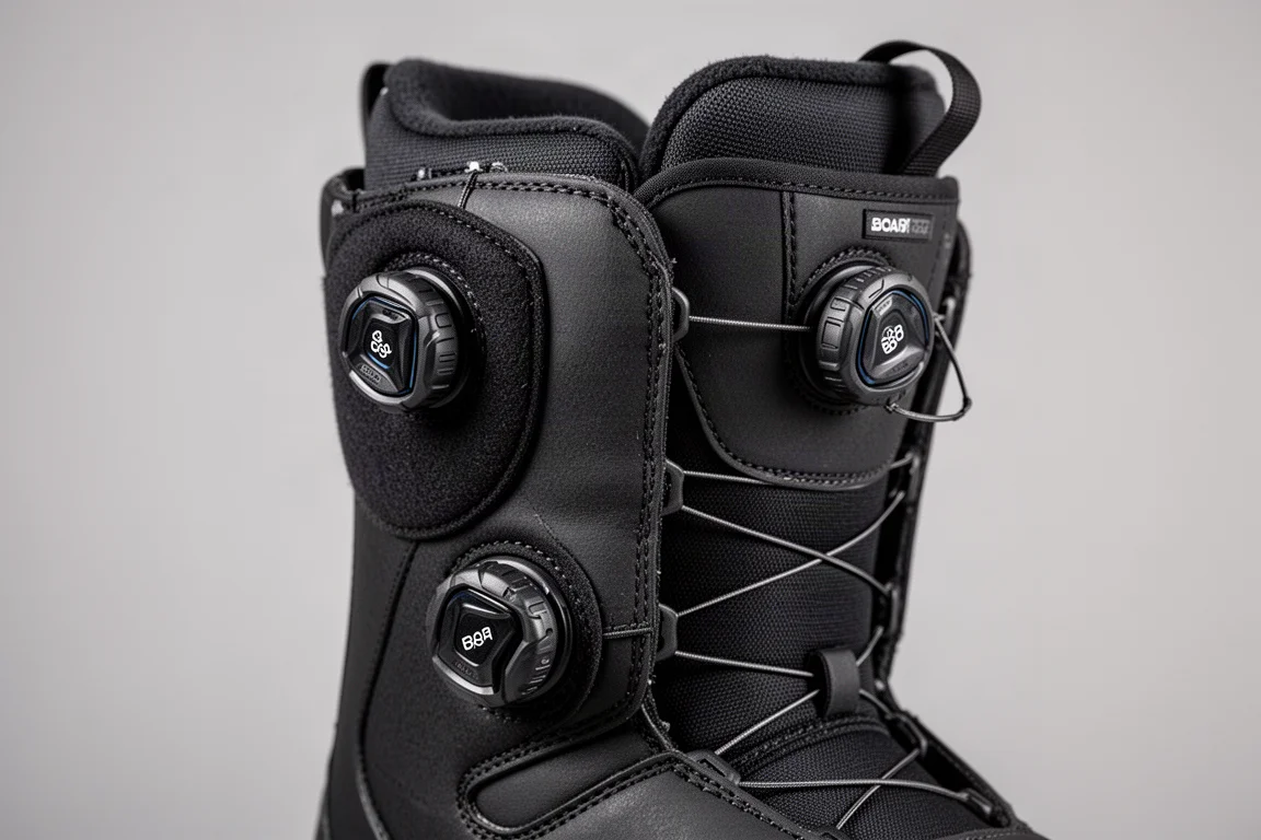 Dual Boa dials on the side and front of a snowboard boot cuff