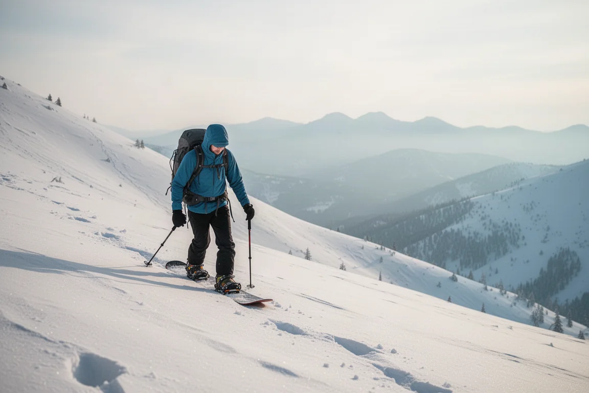 Splitboarder hiking through fresh snow in a backcountry bowl
