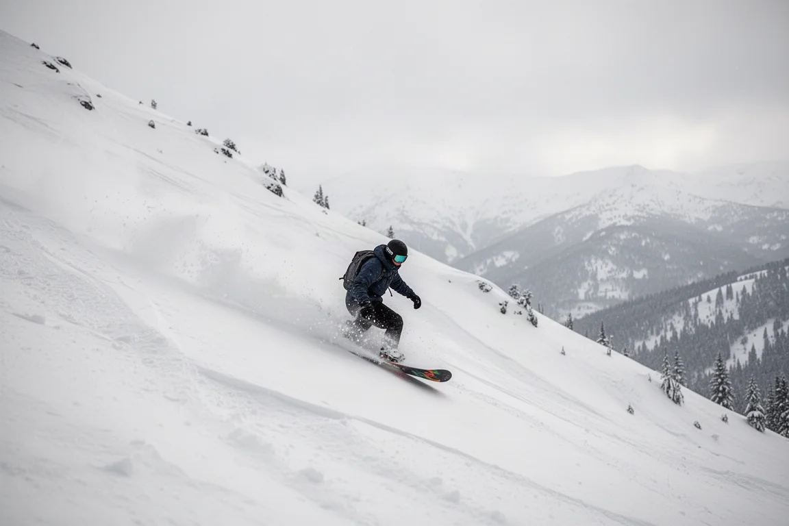 Snowboarder fährt frischen Schnee auf einer steilen Freeride-Linie