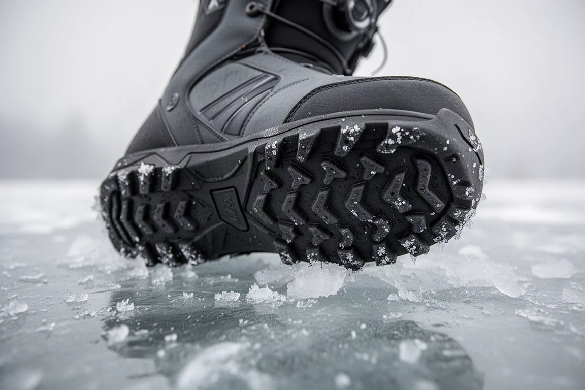 Profil der Sohle eines Snowboard-Boots auf eisigem Untergrund