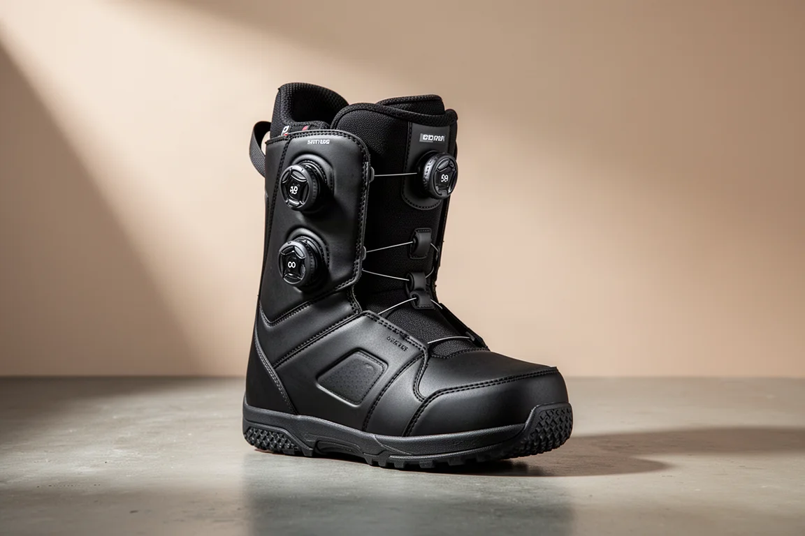 Ride Trident Snowboard-Boot mit drei Boa-Drehknöpfen auf einer Betonoberfläche