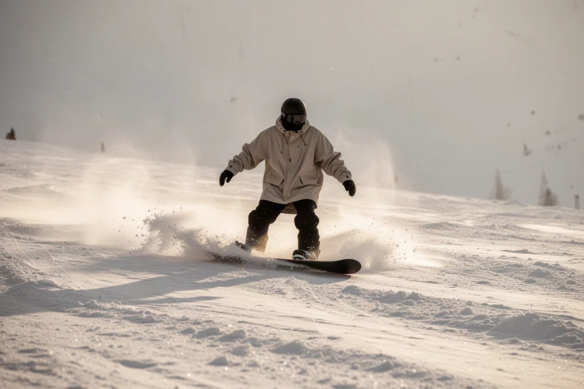 Snowboardzista w powietrzu nad skocznią w snowparku, w tle góry
