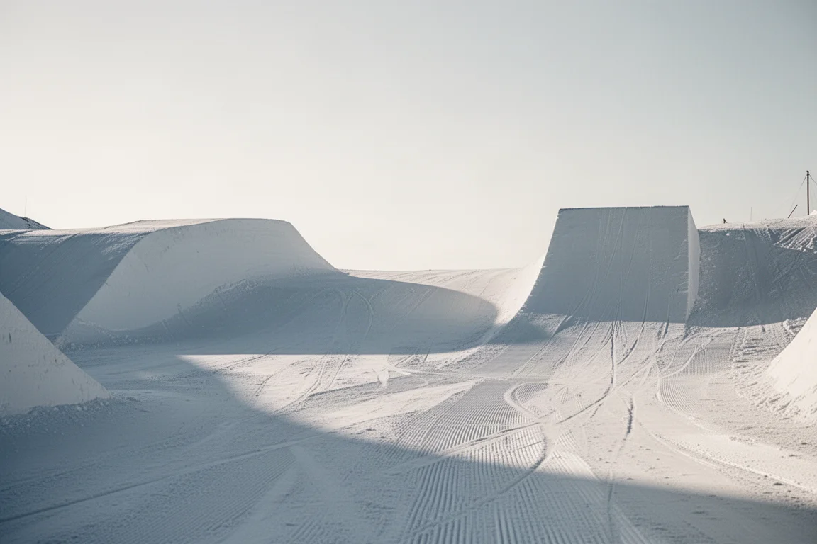 Snowboardzista sunący po metalowym railu w snowparku o zmierzchu