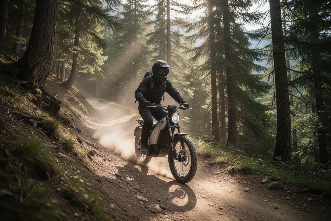 Rider on an e-moped descending a steep mountain single track trail