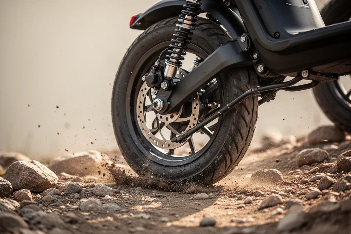Close-up of an e-moped rear suspension absorbing a rough trail section
