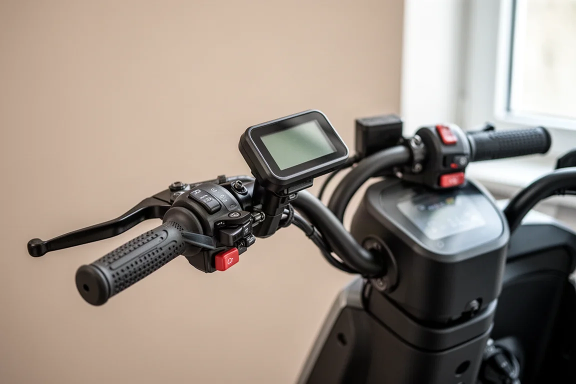 E-moped handlebars showing brake lever and throttle position