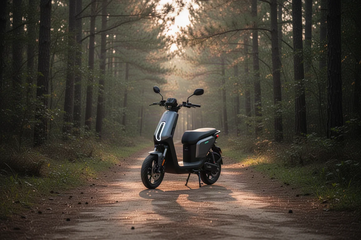 E-moped parked on a flat dirt trail surrounded by forest