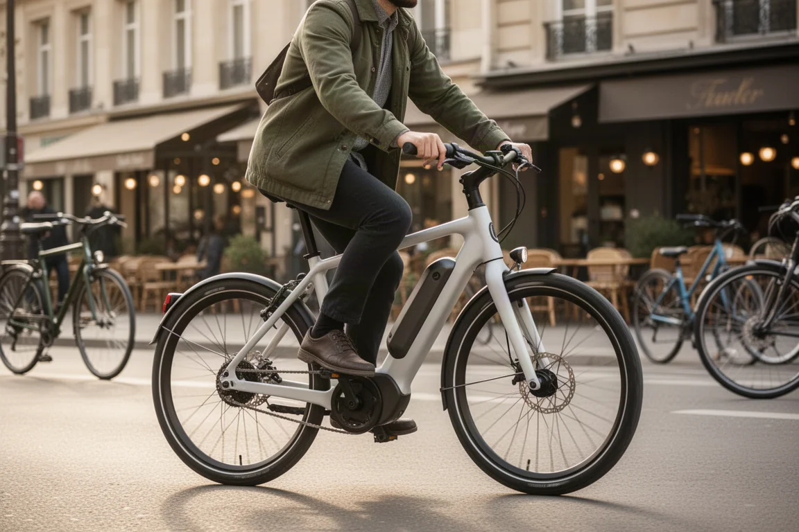 Commuter riding a sleek electric bike through a city street
