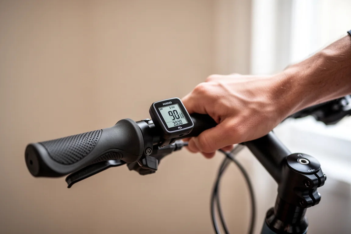Close-up of a rider's hand on the handlebar with a compact LCD display