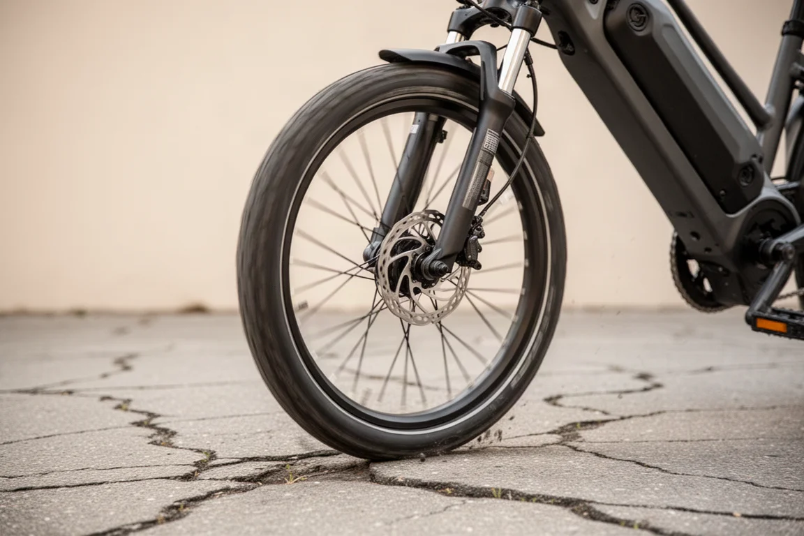 Electric bike front suspension fork absorbing bumps on a rough road