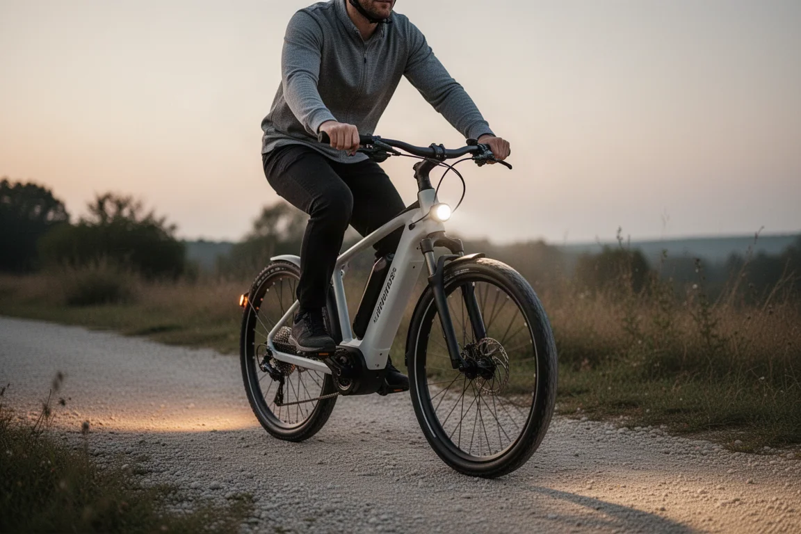 Cyclist riding an electric bike on a gravel path at dusk